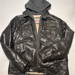 Levi's Black Faux Leather Hooded Bomber Jacket with Sherpa Lining